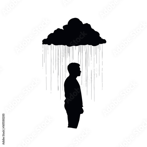 Silhouette of person with cloud raining only above their head representing burnout, psychological help  