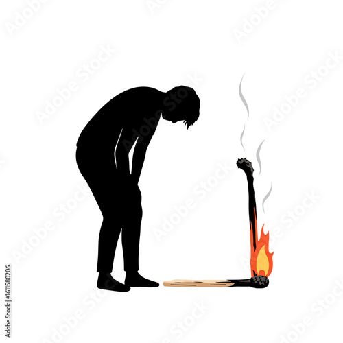 Silhouette of person holding burnt matchstick, metaphor of burnout  
