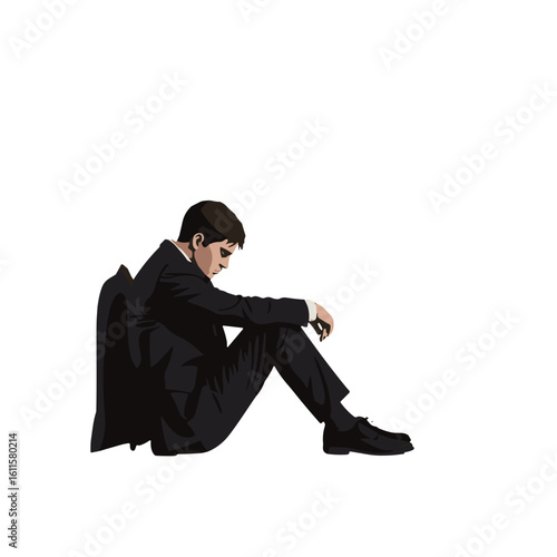 Man in a suit sitting in the corner with back to wall; concept of burnout, psychological assistance  