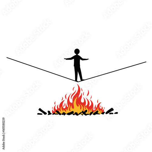 Silhouette of person balancing on tightrope over fire, burnout danger  