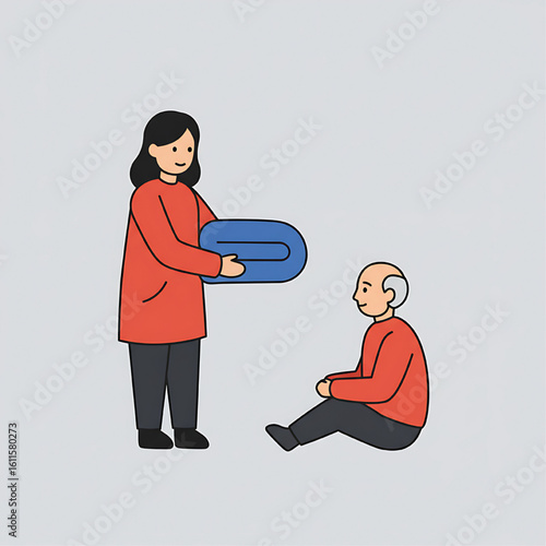 A woman offers a blue object to a seated elderly man, depicting a caring act of assistance.