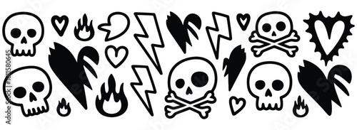 Vector art of a collection of edgy black and white tattoostyle graphics featuring skulls, hearts, lightning bolts, and flames, perfect for punk, rock, or gothic designs