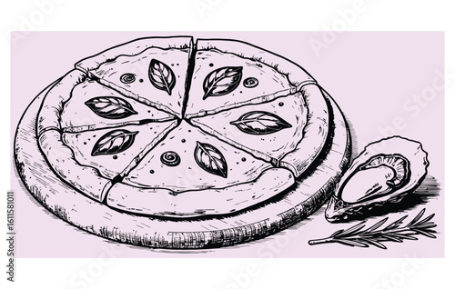 Vector art of a delicious pizza with basil and mushrooms is served with oysters and rosemary
