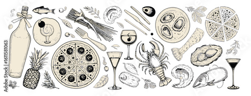 Vector art of a delightful assortment of seafood, pizza, and wine creates a culinary masterpiece