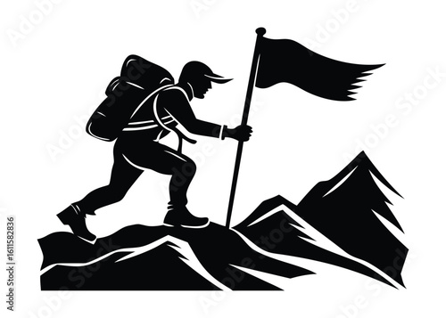 Climber with Flag on Mountain Peak Silhouette Vector