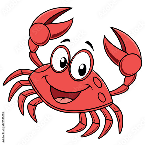 Cheerful red cartoon crab raises its claws and smiles widely on transparent background