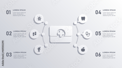 White 3D First Aid Box Medical Infographic with 4 Step Timeline Flowchart for Surgical Medicine and Hospital Use