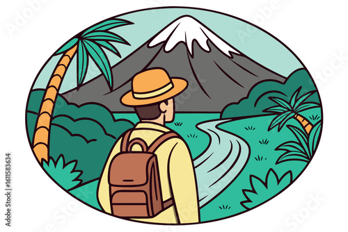 Hiker with backpack observes mountain river surrounded by tropical plants within oval