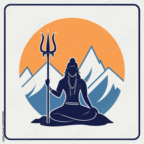 Lord Shiva sits in meditation, holding the trident with mountain range in background