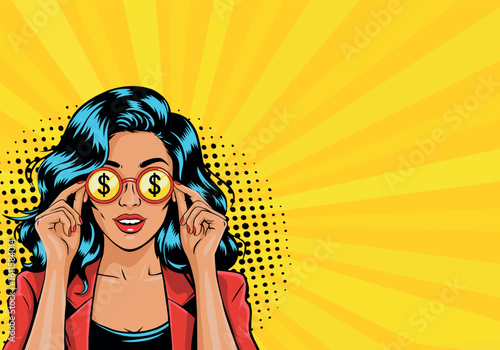 Beautiful woman in pink glasses with dollar sign in retro pop art style. Vector illustration on color background