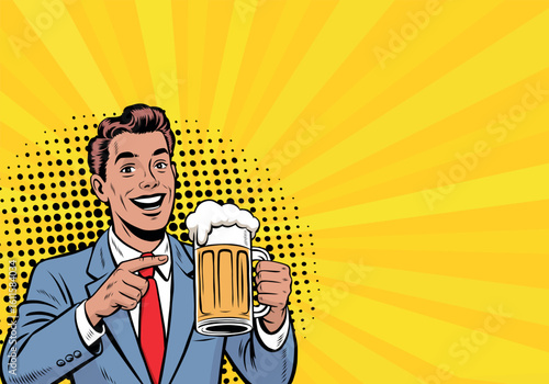 Smiling man with a mug of beer. Vector illustration in pop art style.