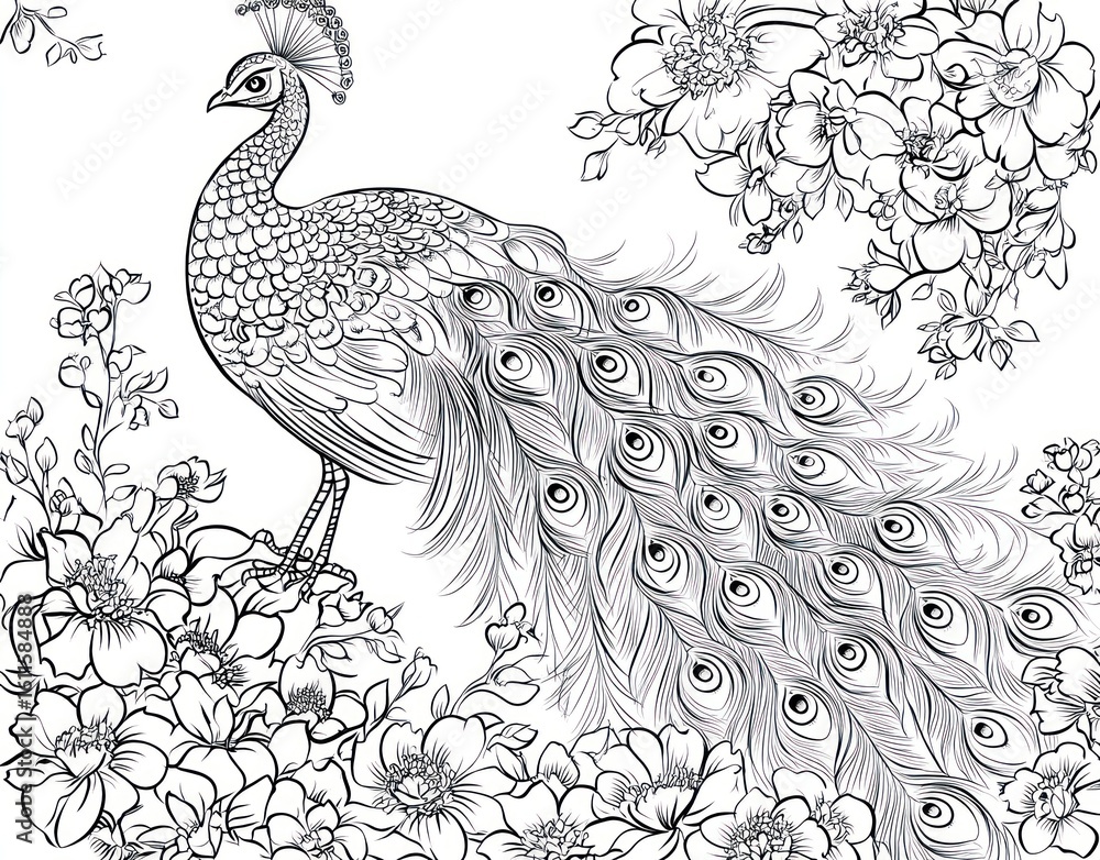 Fototapeta premium Ornate peacock amidst floral design, artistic monochrome illustration