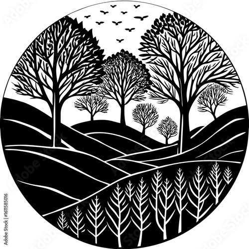 Vector art of a circular black and white illustration of a forest on rolling hills under a cloudy sky