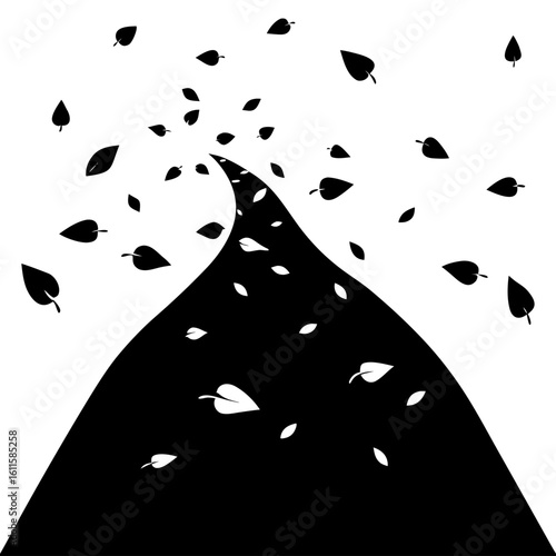 Vector art of a winding path curves upwards, with leaves swirling around it in a stylized black and white illustration