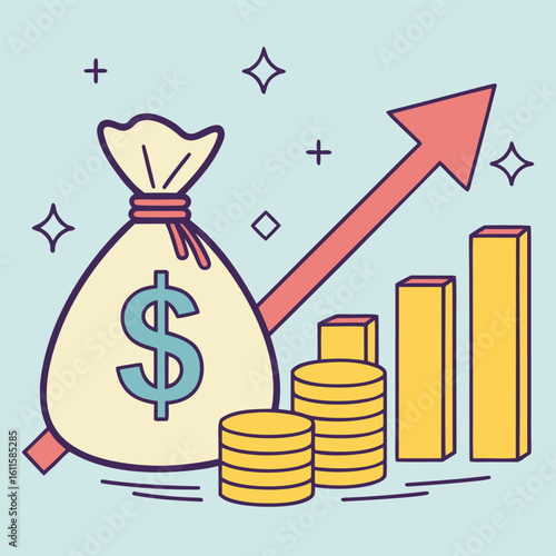 A full money bag shows earnings going up with coin stacks and charts