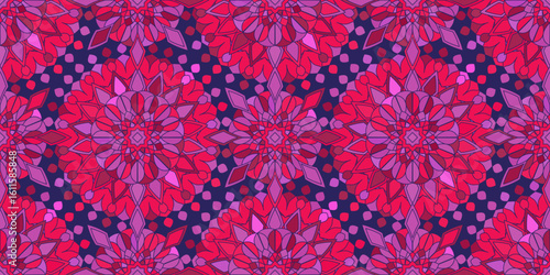 Seamless pattern with traditional Indian floral ornament for fabric swatch or wrapping paper. Vector abstract kaleidoscopic background