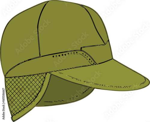 Olive green cap with ear flaps and mesh detail headwear