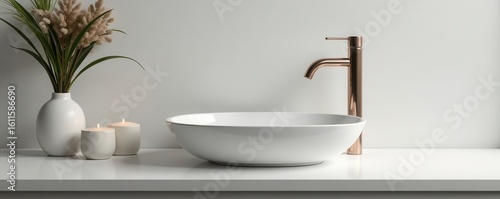 Sleek white vessel sink, minimalist countertop , bathroom design, vanity