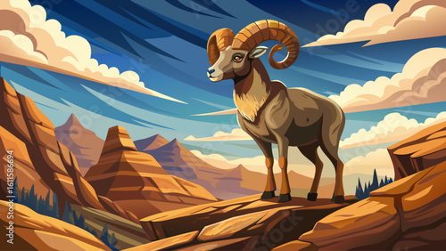 A bighorn sheep stands boldly atop a rocky desert cliff, wind ruffling its thick fur under the open sky