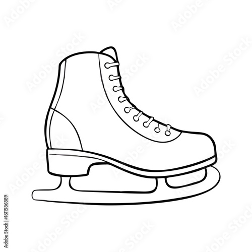 Line art drawing showing ice skating boot for winter activities. Ice skating boot is monochrome design for seasonal outline coloring page activity.