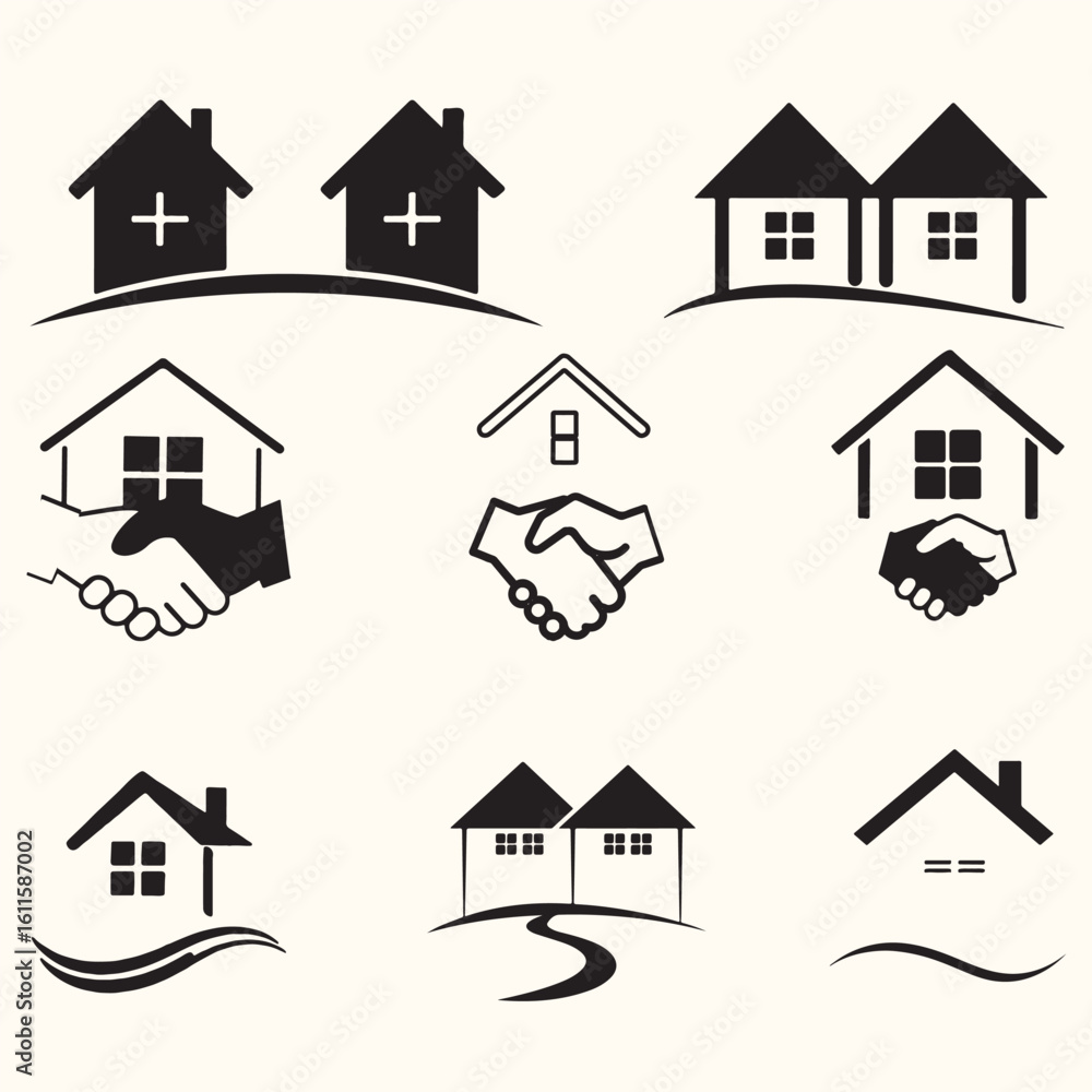 Fototapeta premium Stylized Roof and House Icon Set – Minimalist Home and Chimney Silhouettes