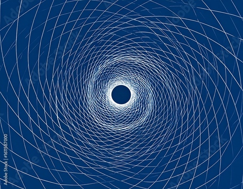 Abstract swirling vortex of intersecting lines converging towards a central dark circle on a deep blue background.