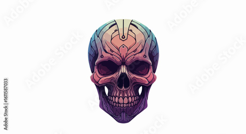 Intricate, colorful sci-fi skull design with futuristic biomechanical details, perfect for edgy apparel or digital art projects