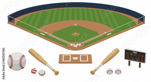 Dynamic baseball field with equipment and scoreboard captures the excitement of game day, perfect for sports marketing and fan engagement.