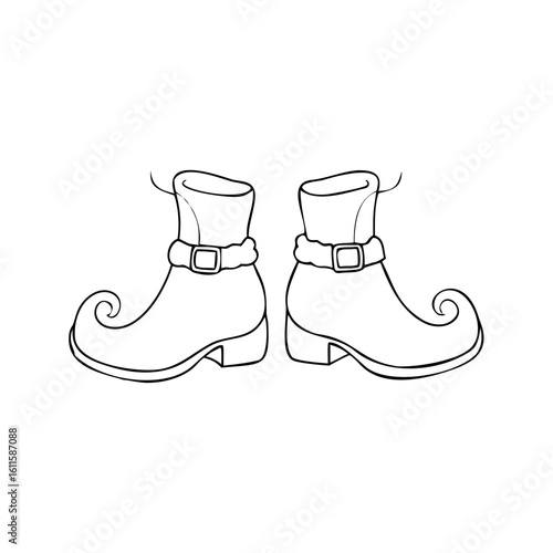 Elf shoes outlined for Christmas, holiday footwear with curled toes. Two elf shoes, simple drawing of footgear associated with Santa's helpers.