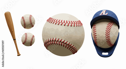 Dynamic baseball equipment set featuring a wooden bat, two balls, a large ball, and a protective helmet, perfect for sports branding and advertising