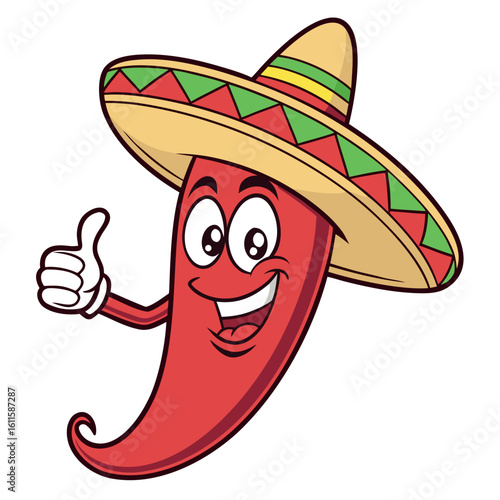 Cartoon red chili pepper with sombrero is giving a thumbs up, isolated
