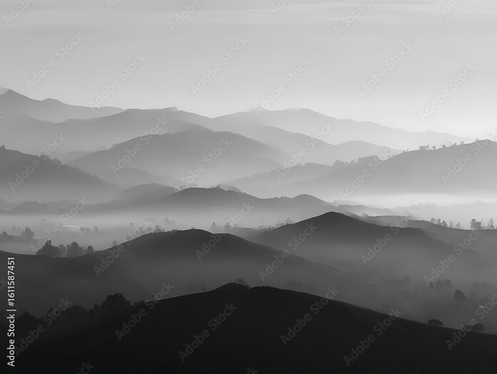 Obraz premium Misty mountains in black and white with layered peaks