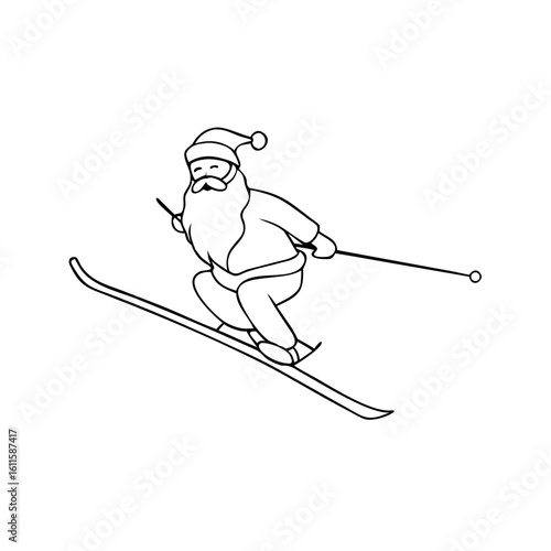 Santa skiing on slopes is a simple sketch showcasing holiday spirit. Holiday spirit is shown as he holds poles and swiftly moves down snowy hill with grace.