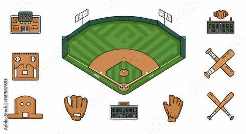 Dynamic baseball stadium icons showcase action-packed sports with bats, gloves, scoreboards, and home plate, perfect for athletic branding and fan engagement.