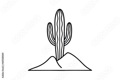 Hispanic heritage month vector art of a solitary saguaro cactus in a desert landscape with soft, rolling hills line art vector