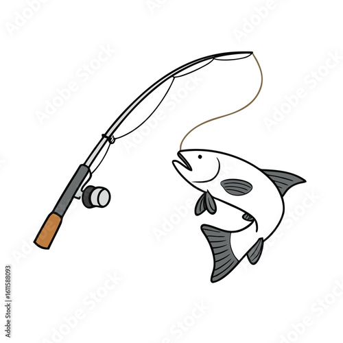 Fishing rod with caught fish vector illustration reel line