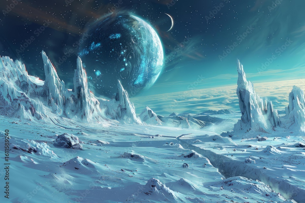 Fototapeta premium Snow covered alien planet landscape with towering ice formations, a turquoise sky, and a large, glowing planet in the background