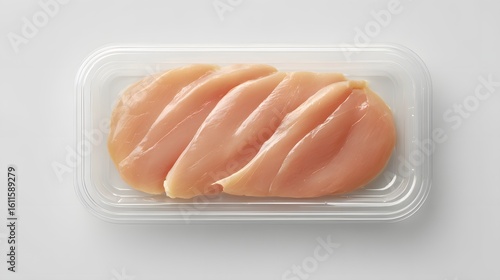 Sliced raw chicken breast in a clear plastic container.