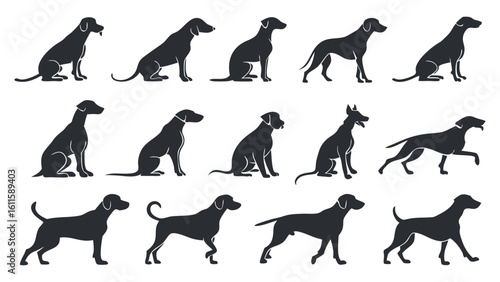 Dog silhouette illustration set with various breeds and sitting walking running poses
