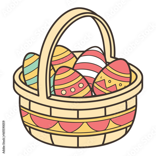 Decorated eggs fill a wicker basket with a handle against a transparent backdrop