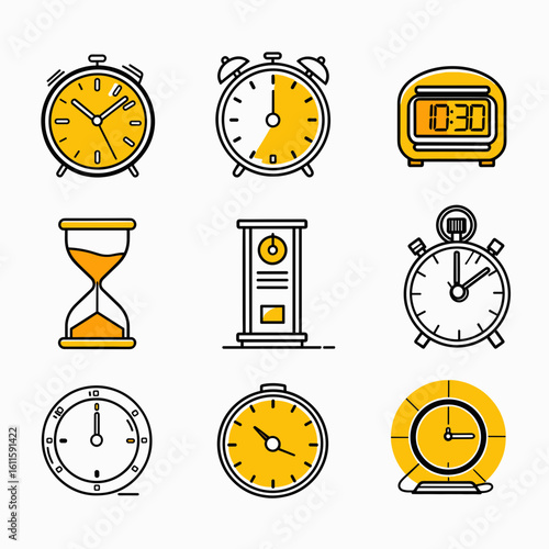 Clocks, digital displays, and hourglasses show diverse time measurement methods. Suitable for time management, productivity, and scheduling concepts.