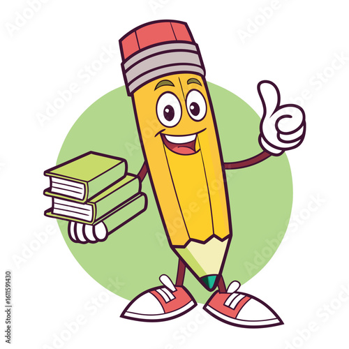 Joyful yellow pencil mascot is giving thumbs up while holding books on transparent background