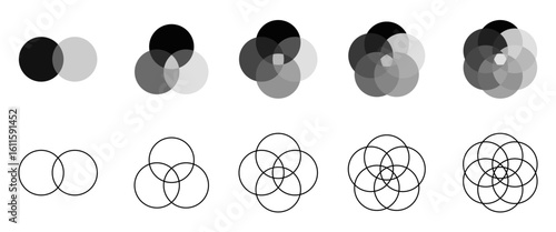 circular venn diagram 2 to 6 stage set, vector illustration isolated on white background.