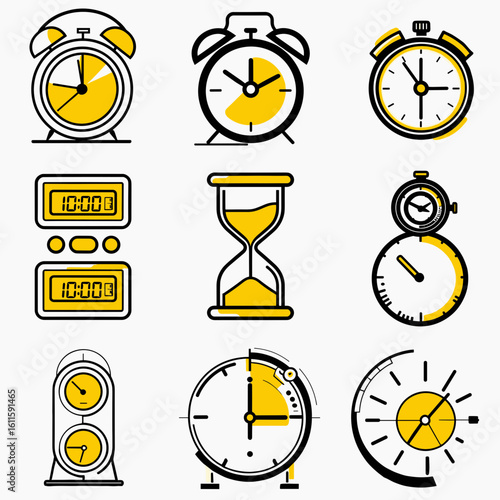 Clock set featuring nine diverse digital and analog clocks showing various times. Ideal for time management resources and concept illustrations.