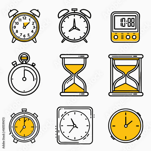 Time representation including clocks and hourglasses suitable for educational materials, websites, and articles on time management and history lessons.