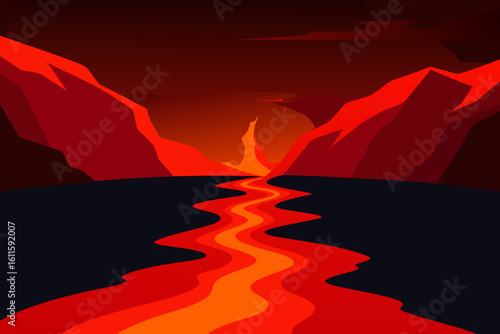 Crimson and alabaster peaks pierce a sky ablaze with the fiery hues of sunset, casting long, dark shadows across the rugged desert landscape