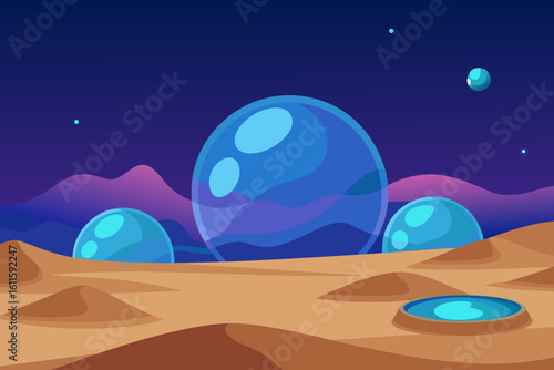 Desert landscape at night with moon, clouds, and a lone tree