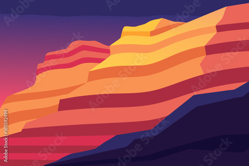 Golden sun dips behind rugged mountain silhouettes, painting the evening sky with vibrant orange and red hues