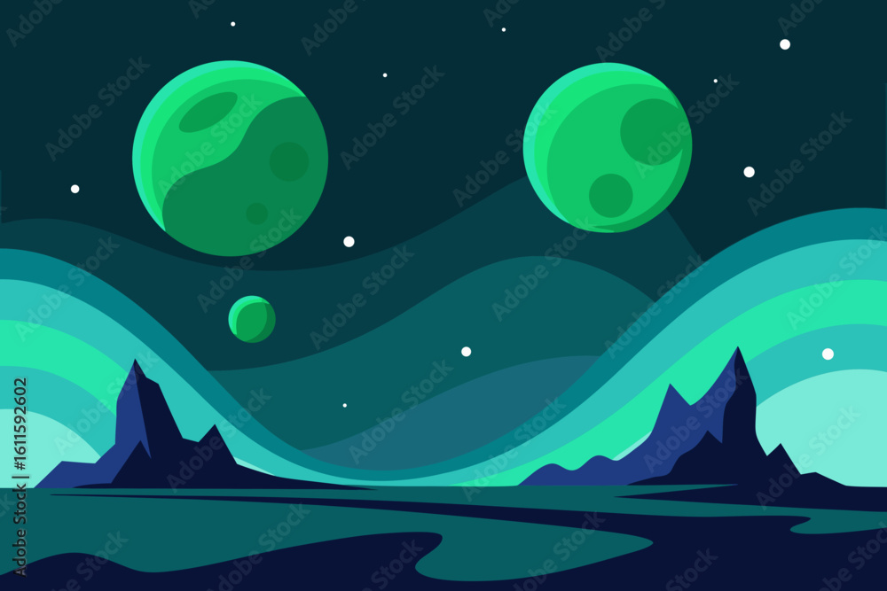 Naklejka premium Moonlit night sky over a serene landscape with stars and mountains