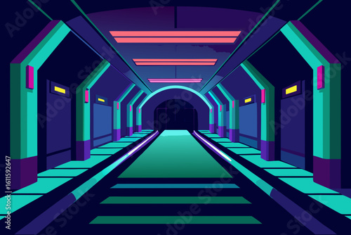 A long, empty hotel corridor with a bright light at the end of the tunnel